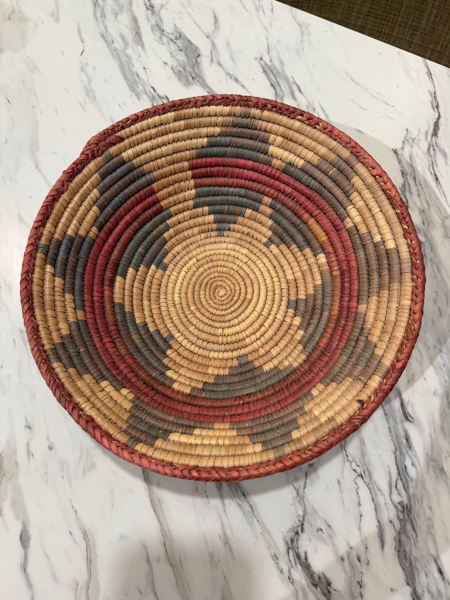 12" Round Coil Basket / Bowl / Natural Woven Grass / Straw / Natural Red Brown