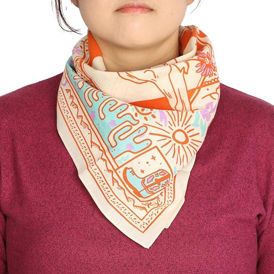 Western Theme Cotton Bandana - Desert Vibes in Cream, Lilac, Turquoise & Orange