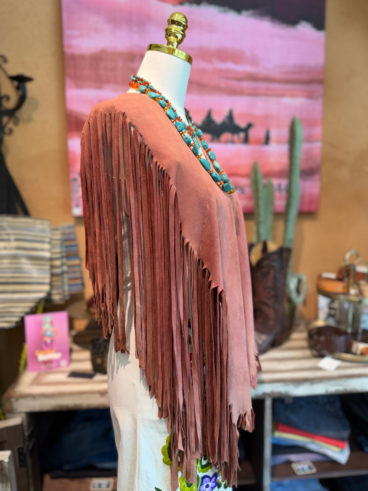 VINTAGE Suede Fringe Poncho in RUST