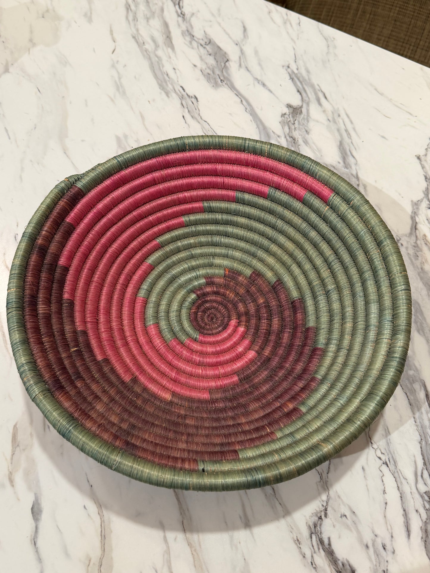 12" Round Coil Basket / Bowl / Natural Woven Grass / Straw / Pink Aqua Burgundy