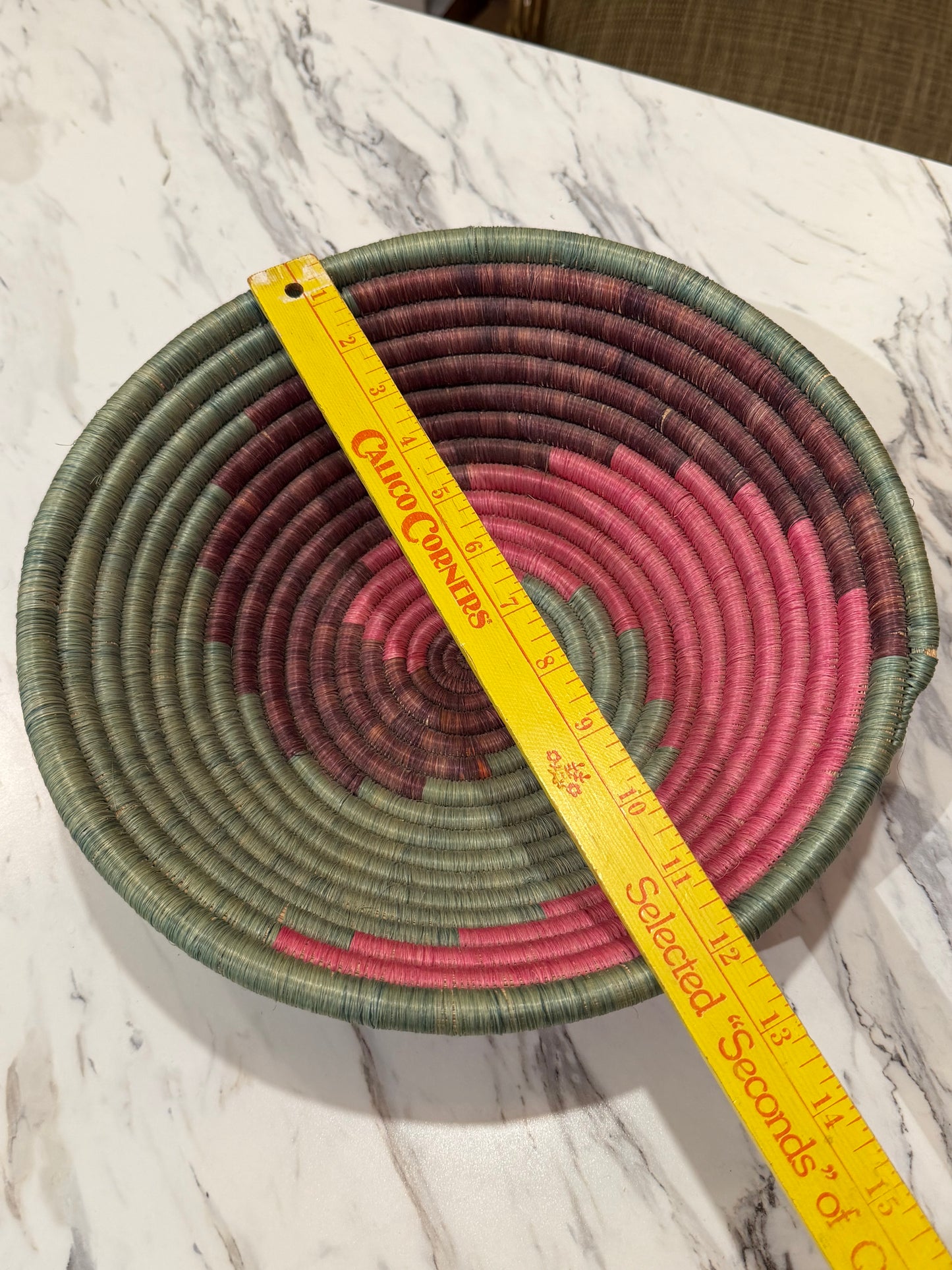 12" Round Coil Basket / Bowl / Natural Woven Grass / Straw / Pink Aqua Burgundy