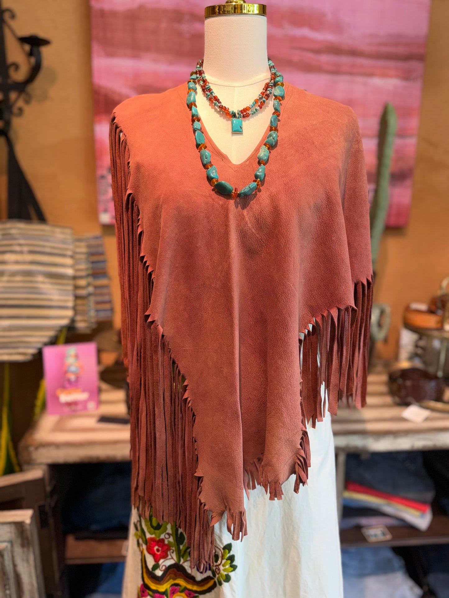 VINTAGE Suede Fringe Poncho in RUST
