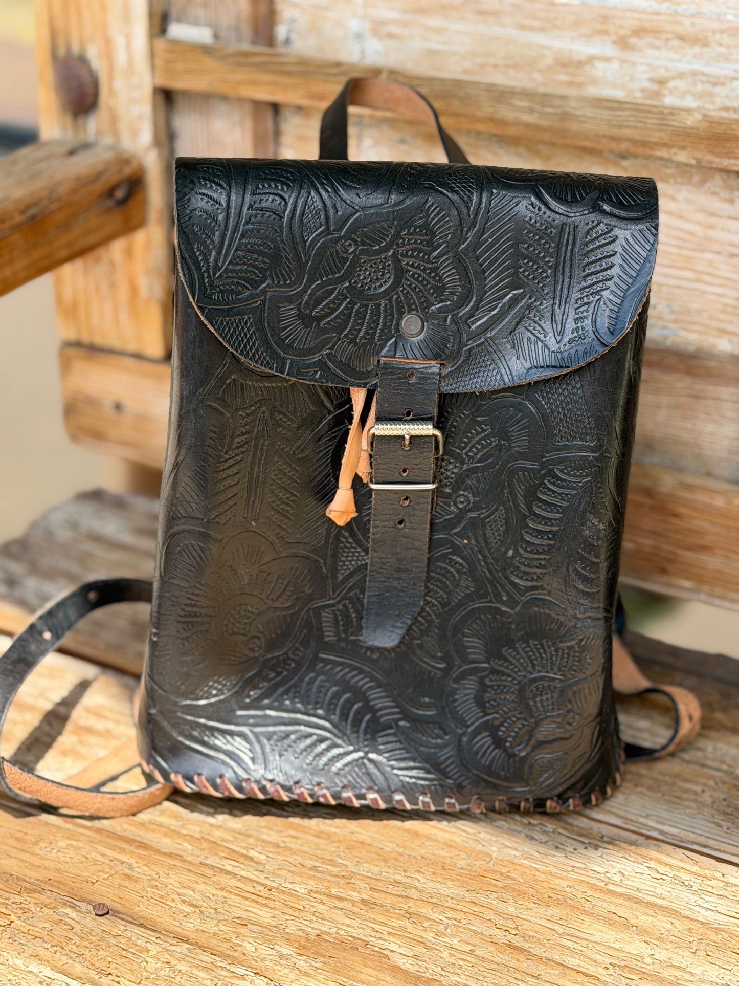 Vintage Hand-tooled Leather Backpack Purse