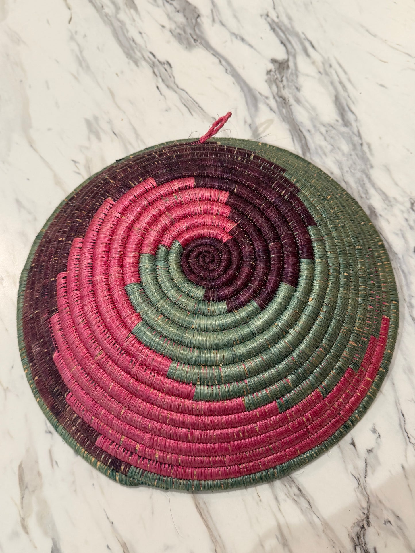 12" Round Coil Basket / Bowl / Natural Woven Grass / Straw / Pink Aqua Burgundy