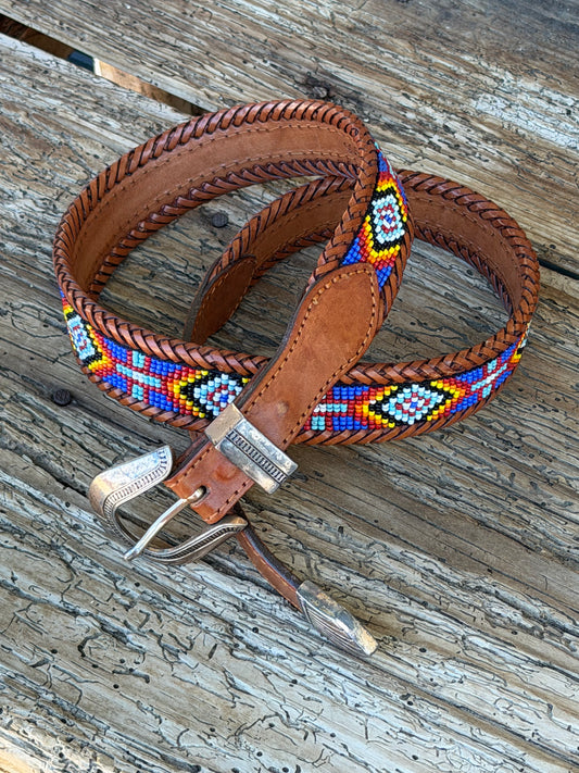Vintage 1991 Beaded Southwest Boho Leather Belt Sz M 34