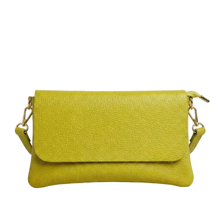 Chartreuse handbag with gold chain strap on a white background