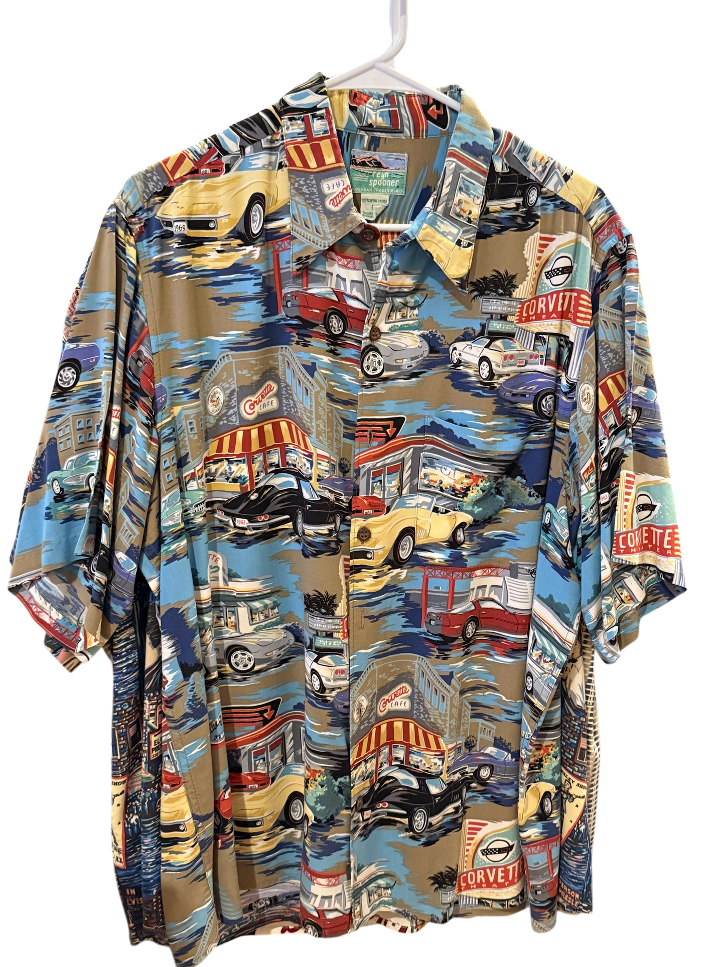 REYN SPOONER CORVETTE SHIRT, Vintage Rayon, Size L