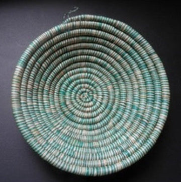 12" Round Coil Basket / Bowl / Natural Woven Grass / Straw / Beige Green