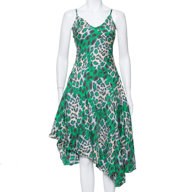 Dian Von Furstenberg Green Leopard Slip Dress