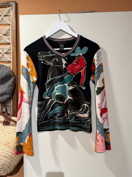 COOSTE Vintage Bright Western Long Sleeve Tee, Bell Sleeves, S