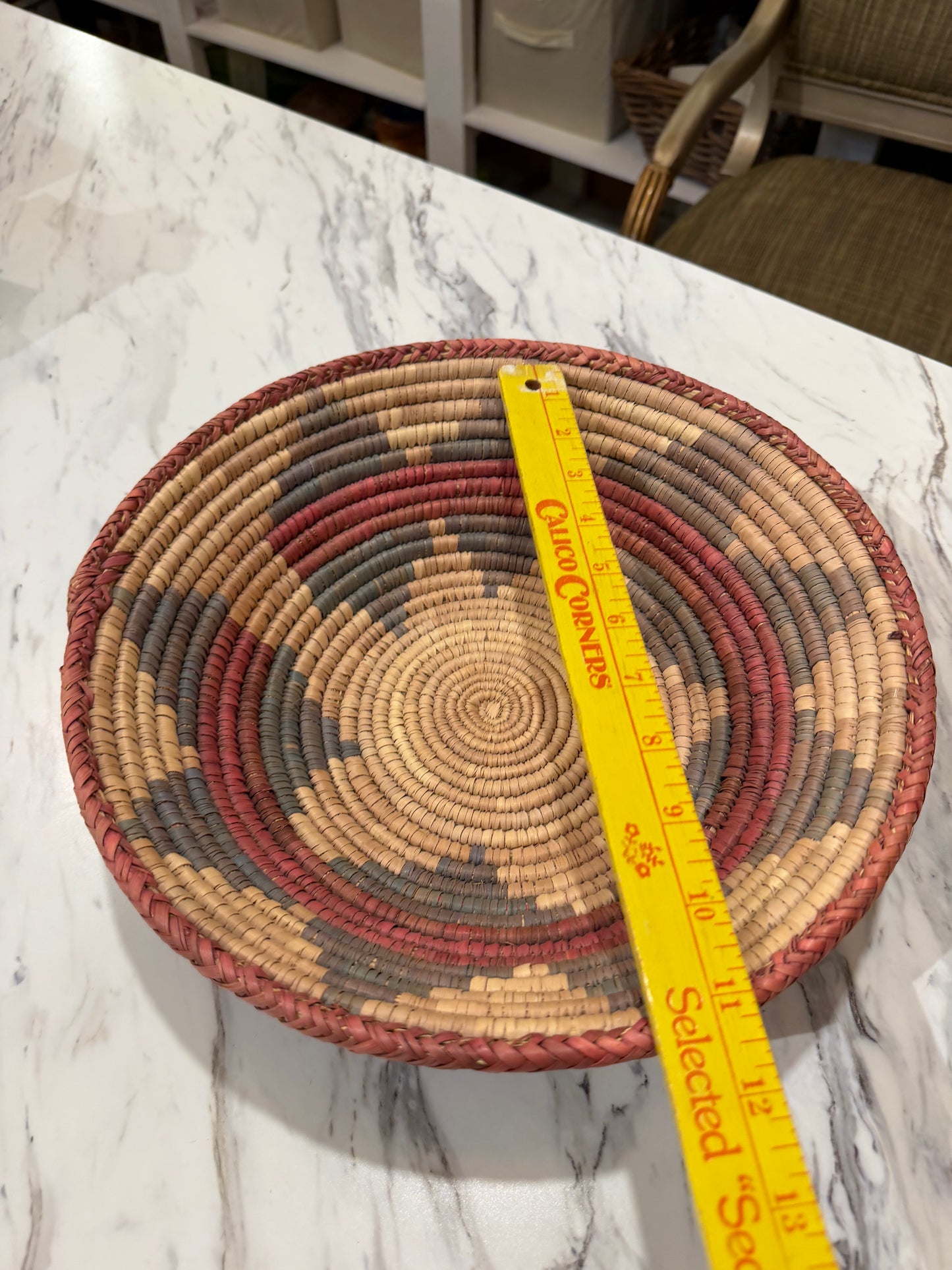 12" Round Coil Basket / Bowl / Natural Woven Grass / Straw / Natural Red Brown