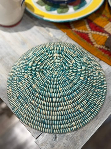 12" Round Coil Basket / Bowl / Natural Woven Grass / Straw / Beige Green