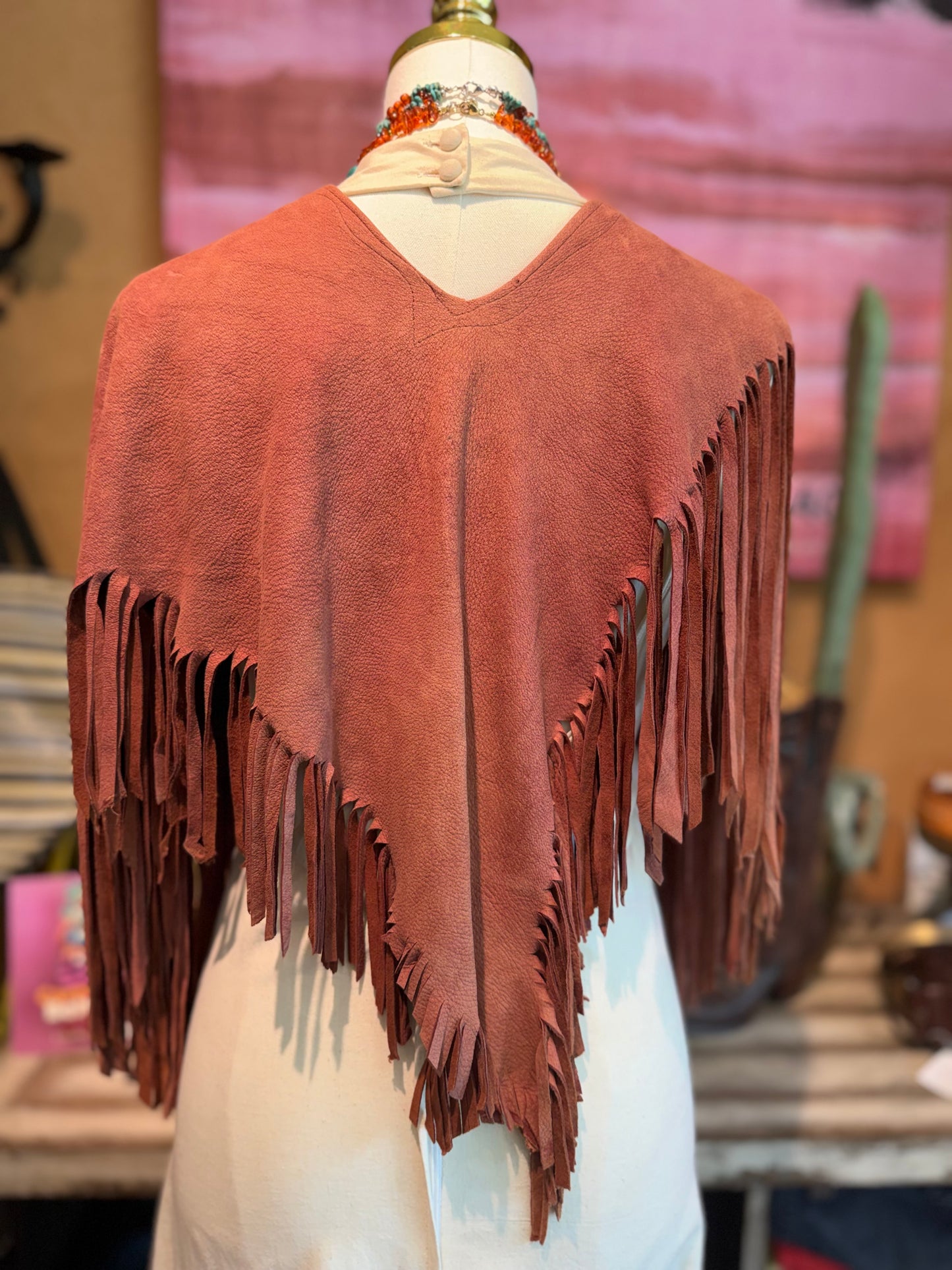 VINTAGE Suede Fringe Poncho in RUST