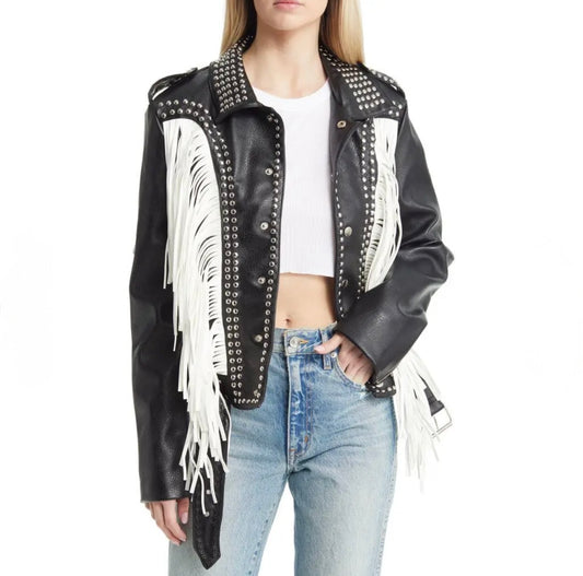 AZALEA WANG B/W Beaded Vegan Leather Jacket Studs/Fringe Detail