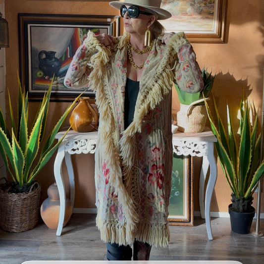 JOHNNY WAS BIYA Cardigan Sweater Duster Hoodie Buttermilk Yellow Embroidered S