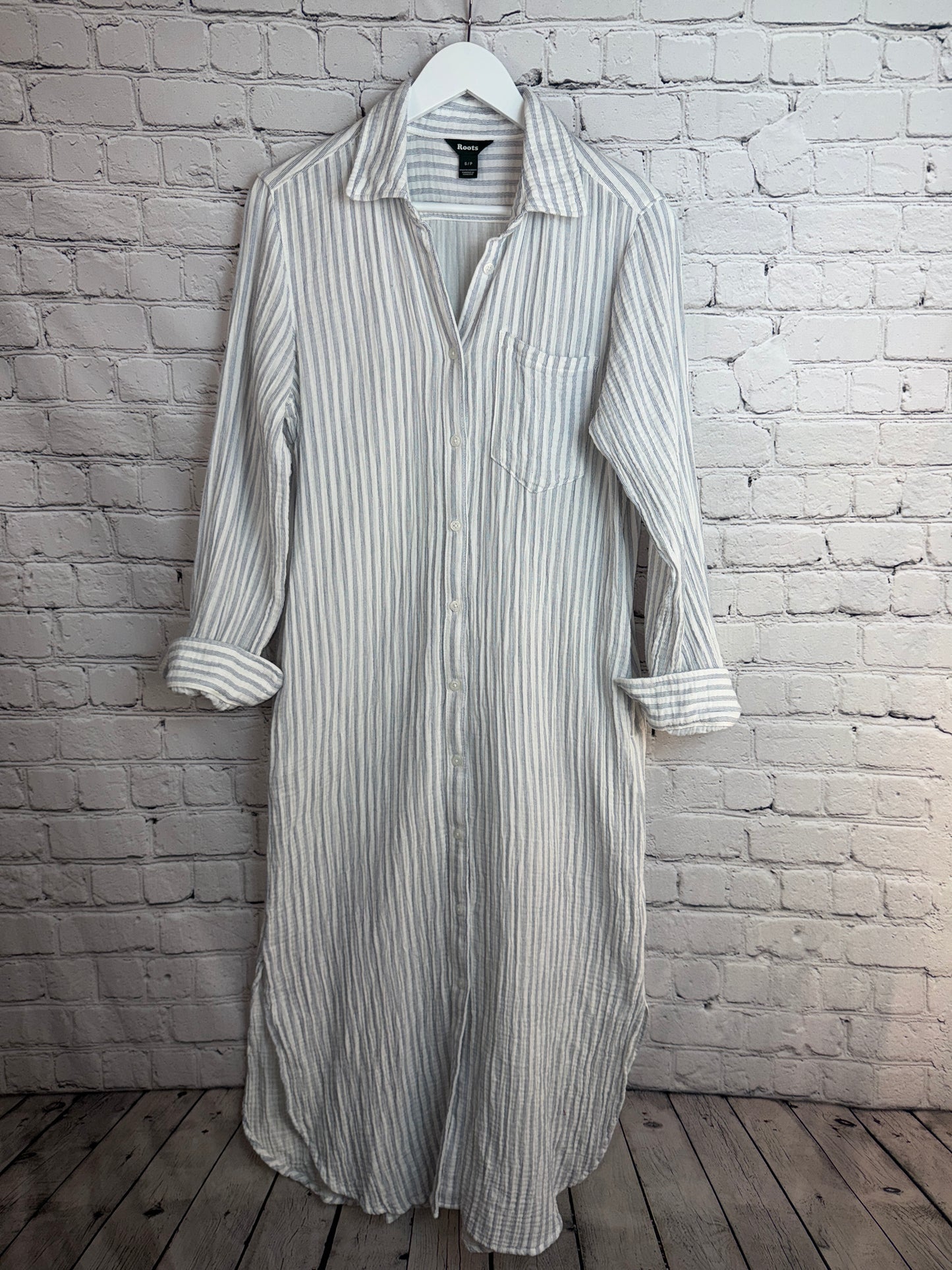 ROOTS Organic Cotton Gauze Stripe Shirt Dress Blue White Size S