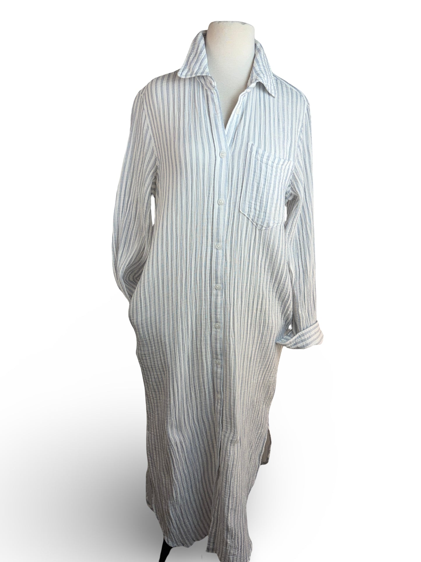 ROOTS Organic Cotton Gauze Stripe Shirt Dress Blue White Size S