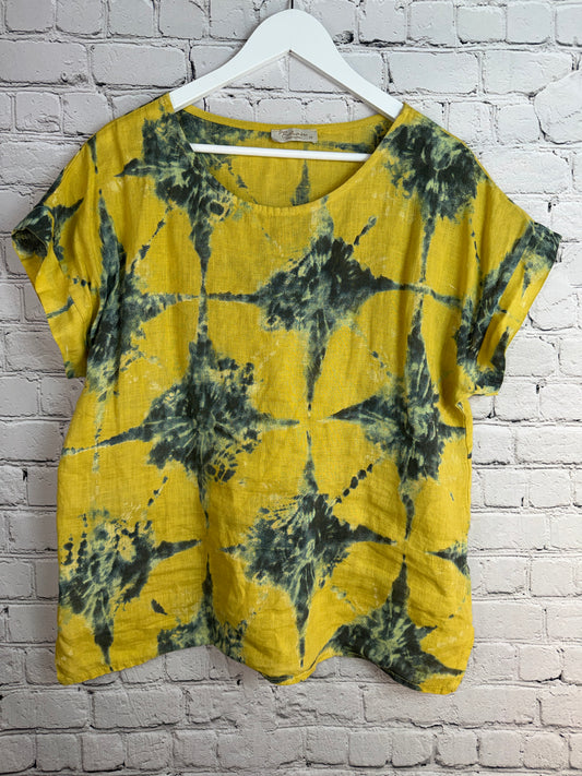 BELLAMBRA MADE IN ITALY Yellow & Green Linen Tie Dye Top