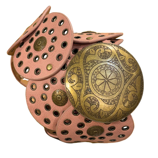 PINK Leather Belt Moroccan Style Brass Tone Medallion