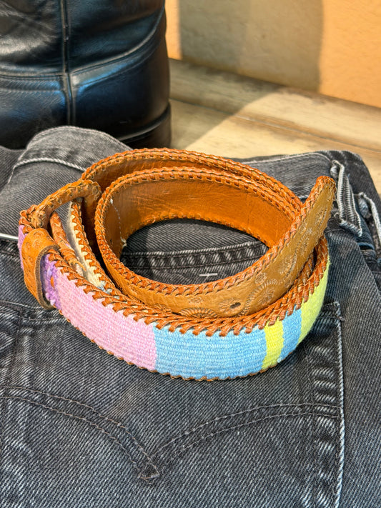 Vintage Leather Woven Belt Guatemala Pastel Whip Stitch Geometric Western Small