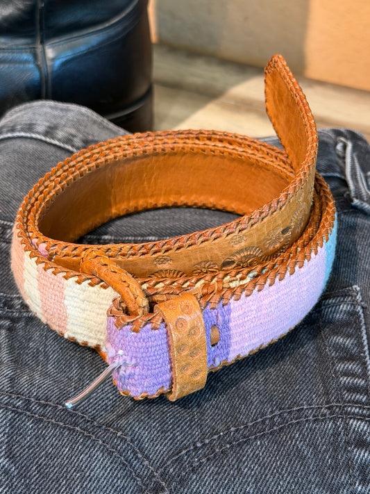 Vintage Leather Woven Belt Guatemala Pastel Whip Stitch Geometric Western Small