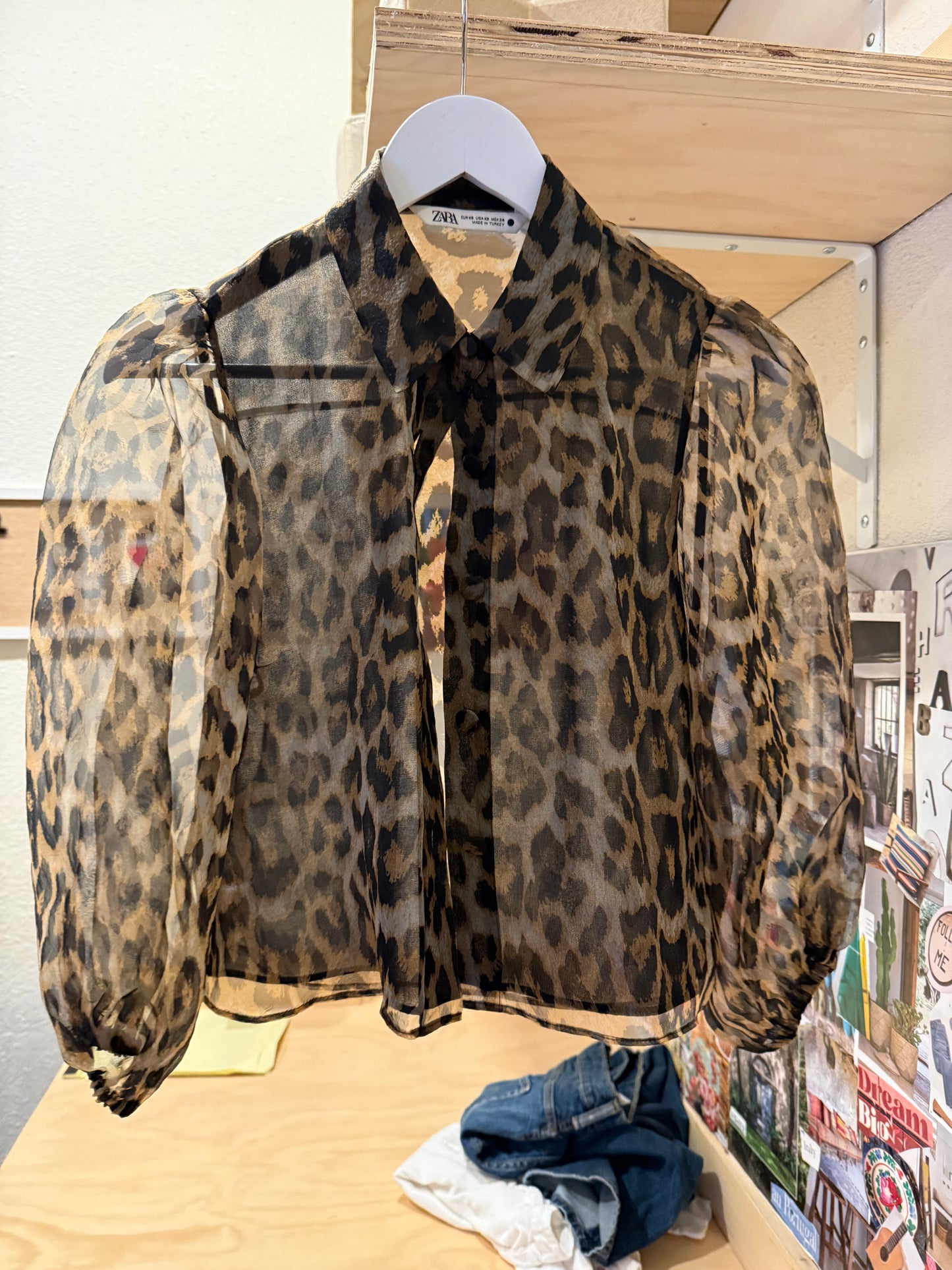 ZARA SHEER LEOPARD PUFF SLEEVE Organza BLOUSE, Cropped
