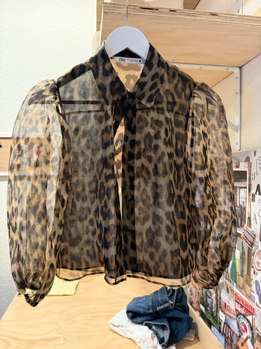 ZARA SHEER LEOPARD PUFF SLEEVE Organza BLOUSE, Cropped