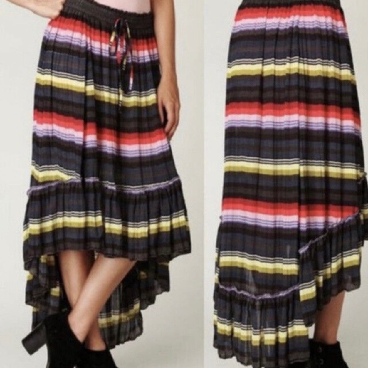 Fiesta Colorful Pleated Skirt, Black & Stripes