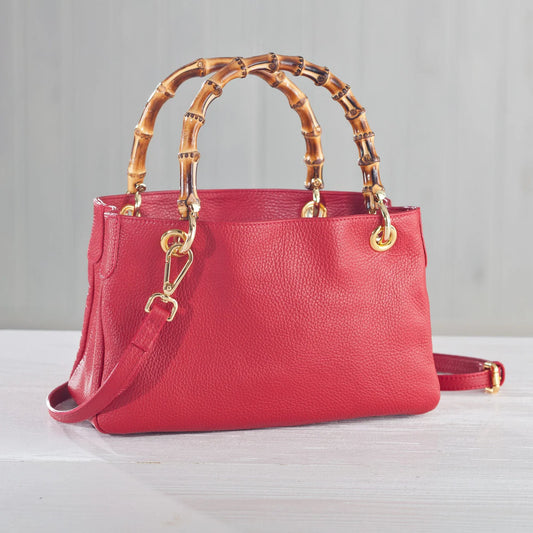 UNO ALLA VOLTA Red Leather Tote/Bamboo Handles