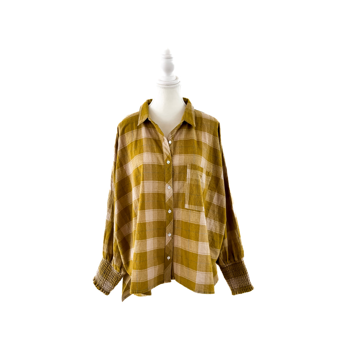 W&W Ranch Plaid Ruched Sleeve Top Chartreuse