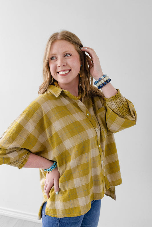W&W Ranch Plaid Ruched Sleeve Top Chartreuse
