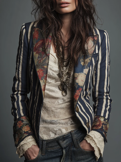 FUTARIO Blazer Blue White Striped Bohemian Floral M
