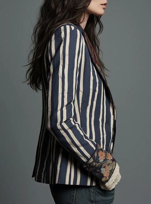 FUTARIO Blazer Blue White Striped Bohemian Floral M