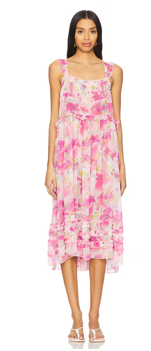 FP Maxi Dress Sheer Ruffle Pink Floral M