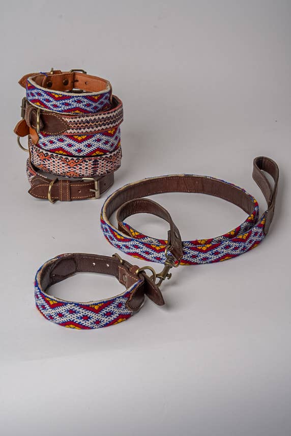 Vintage Kilim & Leather Dog Collar and Leash Set: Medium