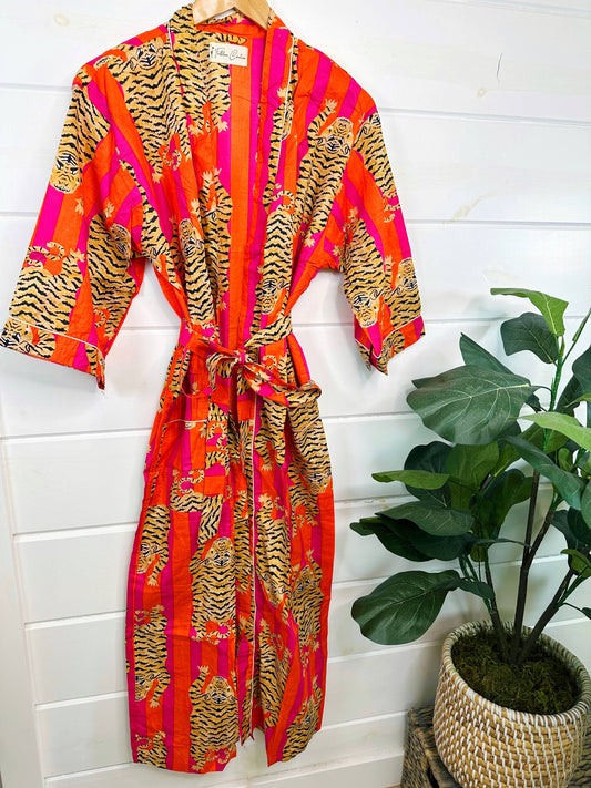 Block Print Cotton Robe Tiger Print, OS