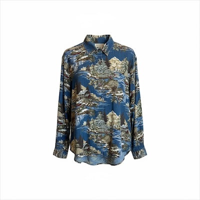 VINTAGE LIZ CLAIBORNE Blue and Green Cozy Winter Scene Shirt, Size L
