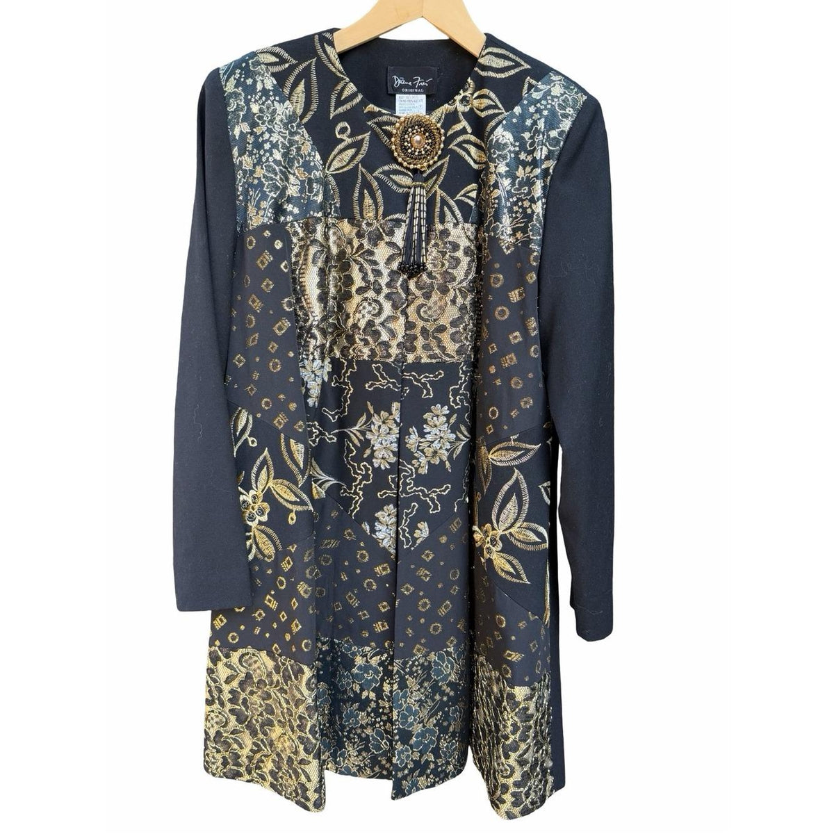 DIANE FREIS Vintage Black Gold Brocade Swing Jacket Embellished Wool Coat