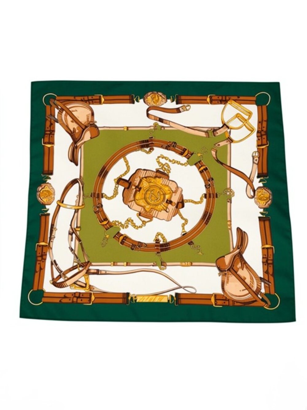 VINTAGE Equestrian Print Scarf Green Tan Gold Silk Feel ITALY 29”