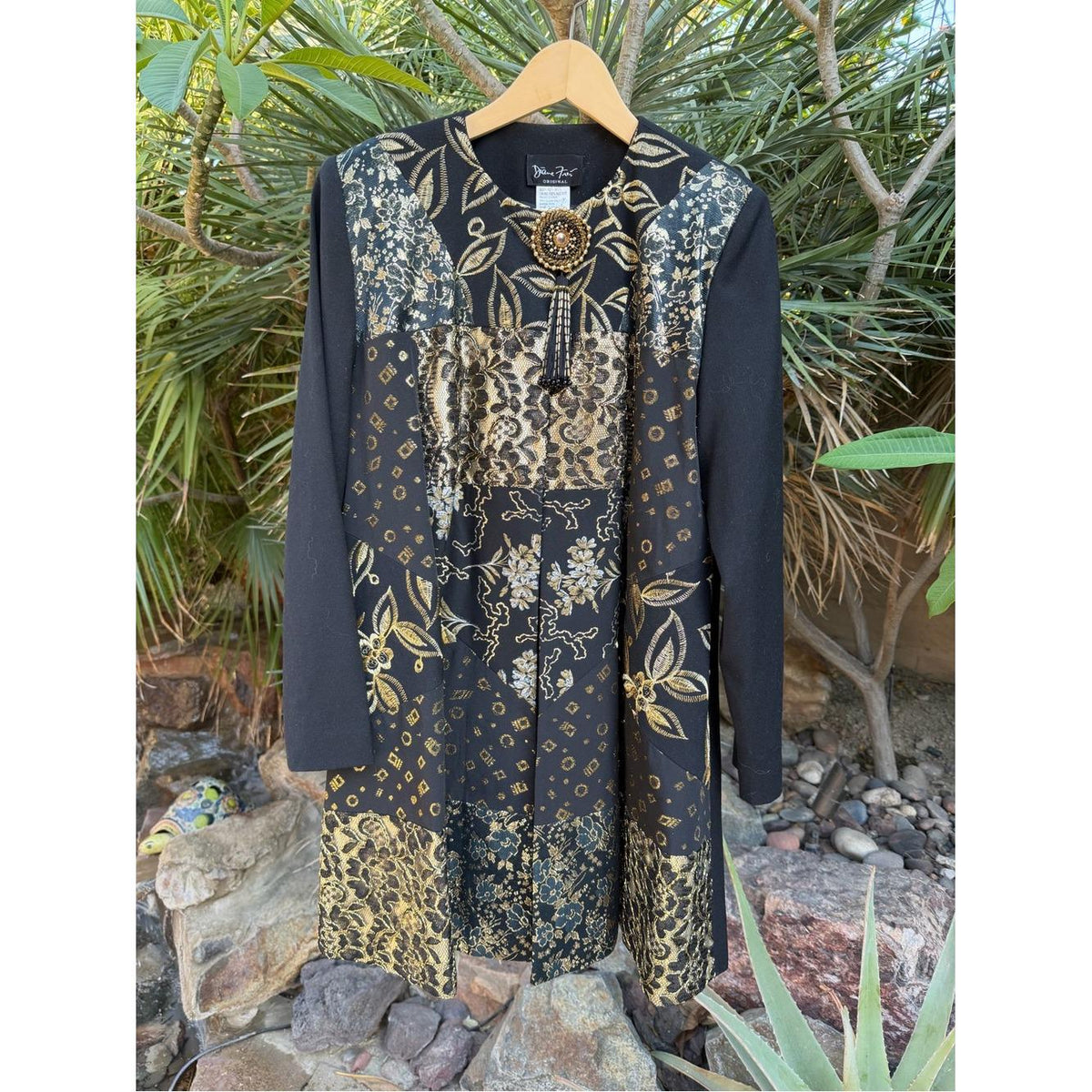 DIANE FREIS Vintage Black Gold Brocade Swing Jacket Embellished Wool Coat