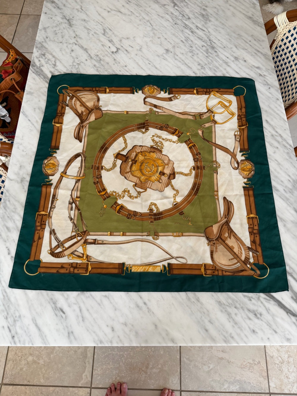 VINTAGE Equestrian Print Scarf Green Tan Gold Silk Feel ITALY 29”