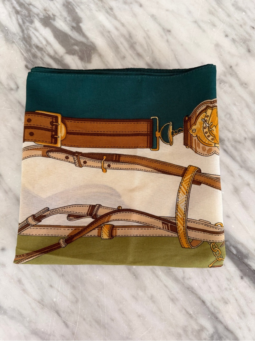 VINTAGE Equestrian Print Scarf Green Tan Gold Silk Feel ITALY 29”