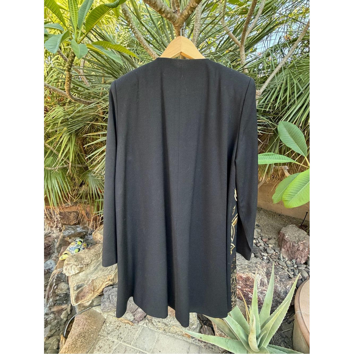 DIANE FREIS Vintage Black Gold Brocade Swing Jacket Embellished Wool Coat
