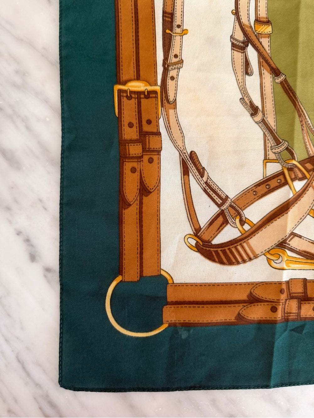 VINTAGE Equestrian Print Scarf Green Tan Gold Silk Feel ITALY 29”