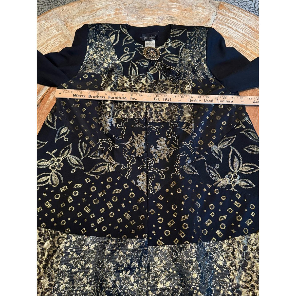 DIANE FREIS Vintage Black Gold Brocade Swing Jacket Embellished Wool Coat