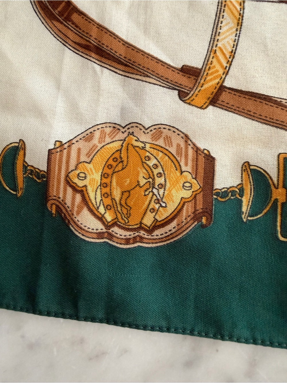 VINTAGE Equestrian Print Scarf Green Tan Gold Silk Feel ITALY 29”