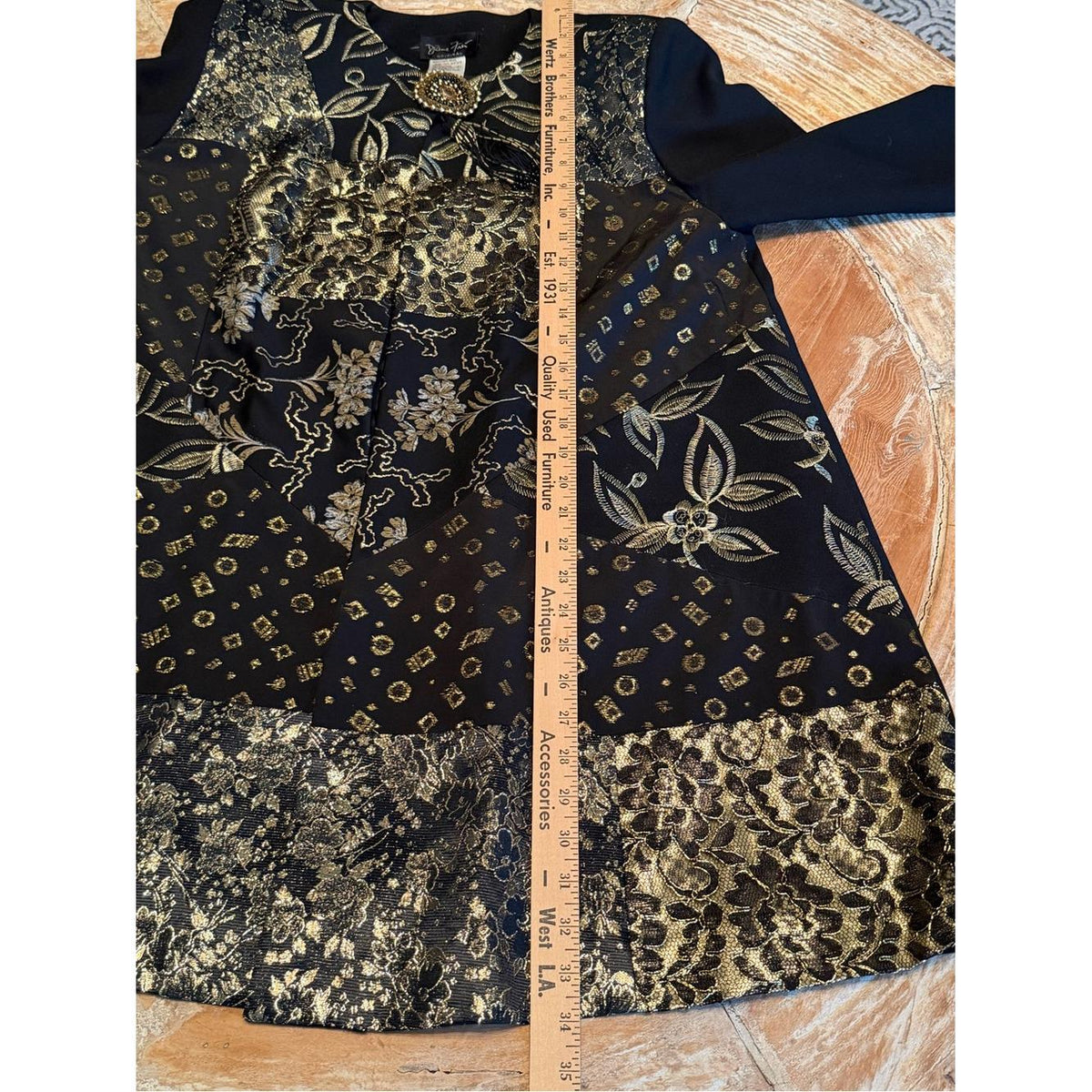 DIANE FREIS Vintage Black Gold Brocade Swing Jacket Embellished Wool Coat