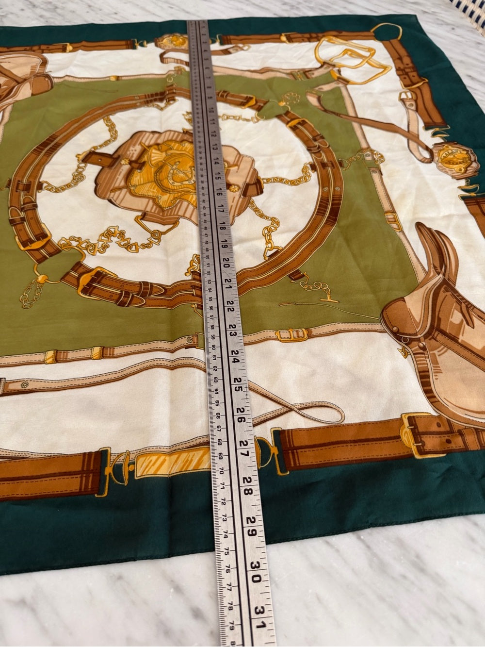 VINTAGE Equestrian Print Scarf Green Tan Gold Silk Feel ITALY 29”