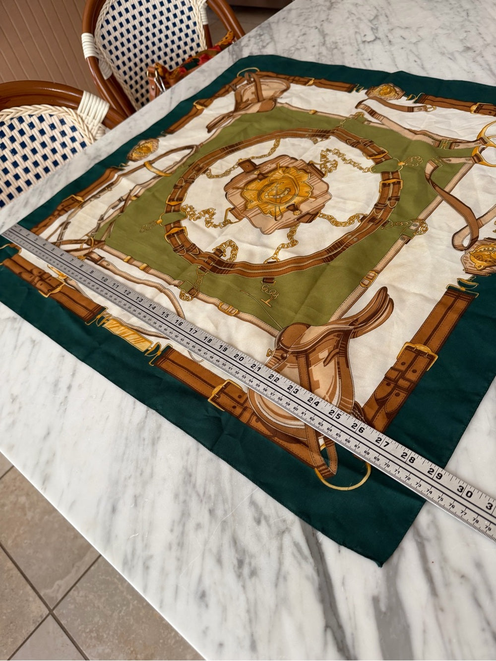 VINTAGE Equestrian Print Scarf Green Tan Gold Silk Feel ITALY 29”