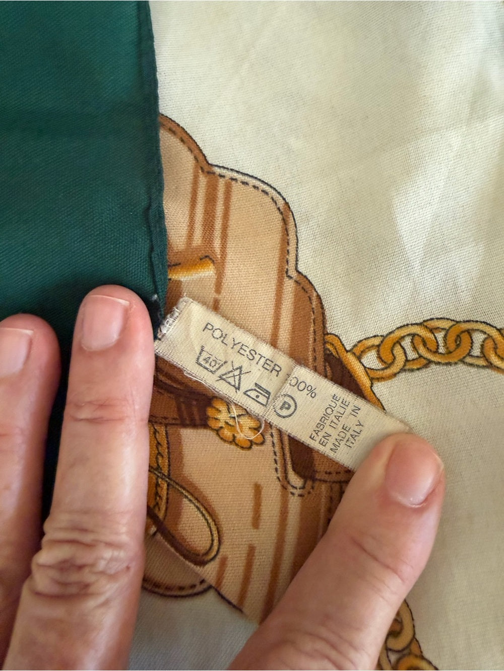 VINTAGE Equestrian Print Scarf Green Tan Gold Silk Feel ITALY 29”